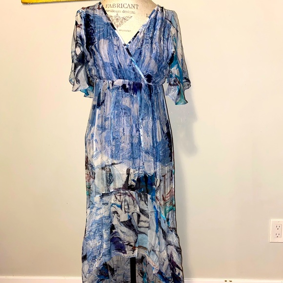 Vintage Dresses & Skirts - EUC Vintage Fodera 100% Silk High Low Dress Blue Art Print Frills Sheer …